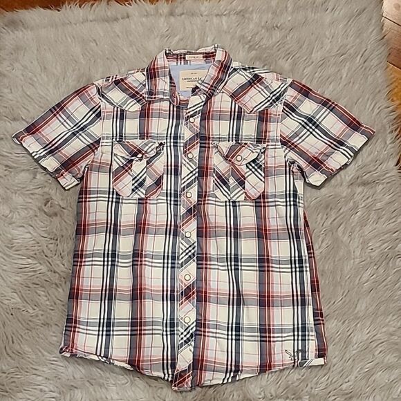 American eagle outfitters mens short sleeve red white and blue button down - Picture 1 of 6